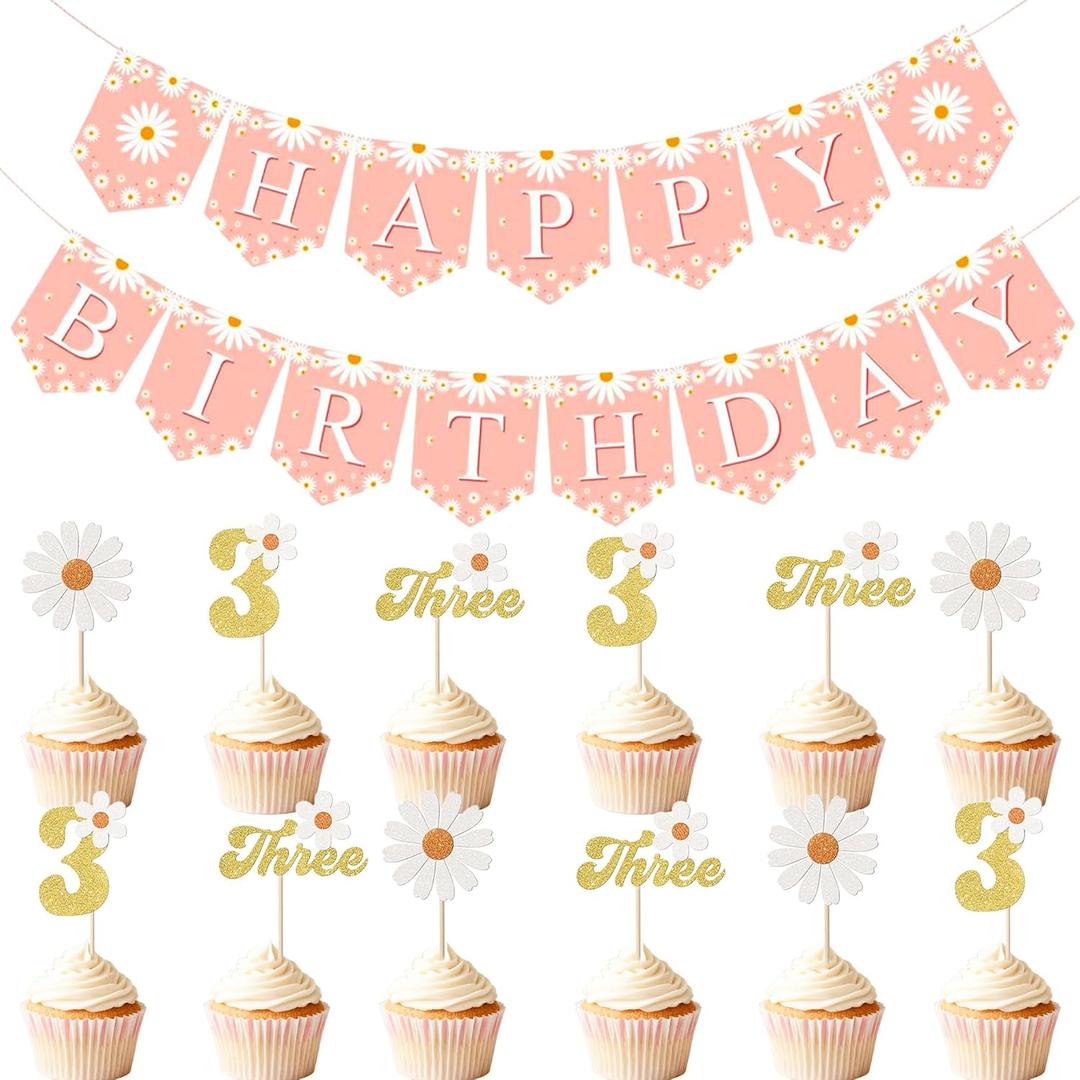 Daisy Happy Birthday Party Banner -12 Piece Daisy 3rd Birthday Cupcake Decorations Set for Baby Shower Floral Theme Boho Party Decor Supplies