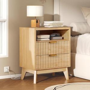 Fluted Nightstand with Charging Station, 19.7 inch Wide End Table with 2 Drawers, Modern Wood Bedside Table for Bedroom, Natural