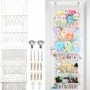 5 Tier Stuffed Animal Storage Shelf Net, 17x61 Inch Large Plushie Net w/LED Light & Clips for Mini Medium Stuffy Teddy, Beige Boho Macrame Wall Toy Holder Display for Nursery Kids Girls Boys