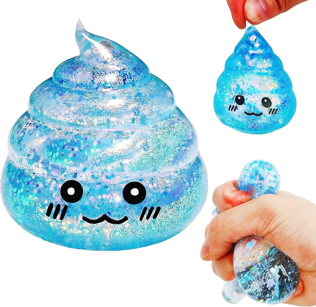 Novelty Glitter Poop Stress Balls Sensory Fidget Toys, Blue Squsihy Squeeze Sugar Ball - Stress Relief Squishy Ball for Adults & Kids, Joke Prank Squish Poop Toy for Party Favors (Blue)