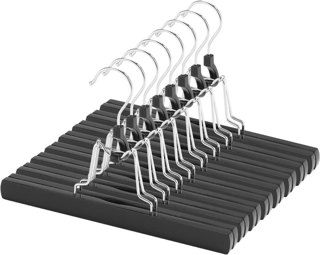 AMKUFO 12 Pack Black Wooden Pants Hangers with Clips Non Slip Skirt Hangers Trouser Clamp Hanger Solid Wood Hanger with 360 Swivel Hook