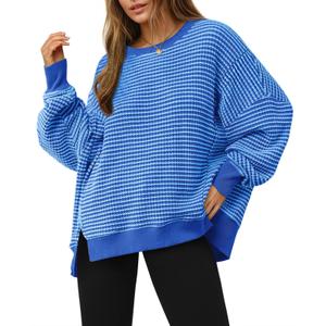 Fisoew Women's Fall Oversized Sweatshirt Casual Waffle Knit Long Sleeve Crewneck Split Pullover Tunic Tops L