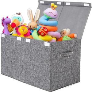 popoly Large Toy Box Storage with Lid, Collapsible Sturdy Toy Chest Storage Bin Box with Rivets Handles for Kids, Boys, Girls, Nursery, Playroom, Living Room, Bedroom, 25"x 13" x 16" (Linen Gray)