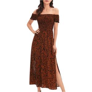Floerns Women's Boho Floral Print Off Shoulder Split Long A Line Dress L 