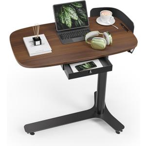 Height Adjustable Mobile Standing Desk with 360 Swivel Casters, 28"-43" Pneumatic Rolling Desk with Storage Drawer, Perfect for Home Office, Bedroom, Living Room, Dark Walnut