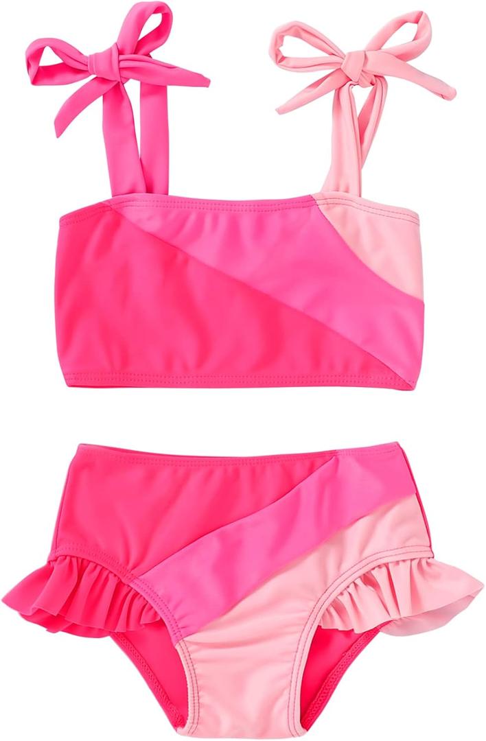 YOUNGER TREE Toddler Girls Two Pieces Swimsuit Color Block Stripe Swimwear Summer Beach Bathing Suit (Pink 12-18 Months)