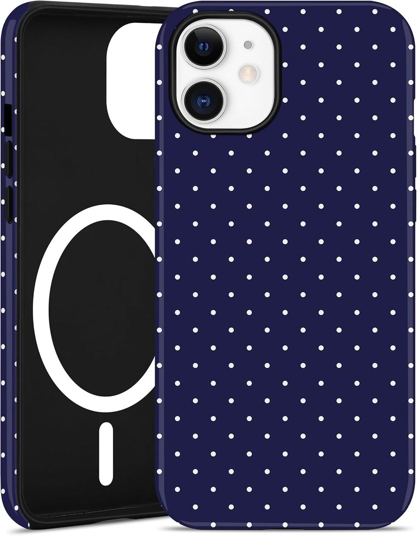 Jusy Compatible with MagSafe Polka Dot Case for iPhone 12/12 Pro, Cute Aesthetic Polka Dots Magnetic Phone Case, Soft TPU and Hard PC Protective Phone Cover for Women Girls (Matte), Navy Blue