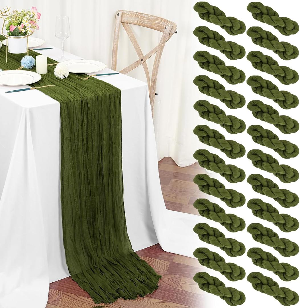 24 Packs Olive Green Table Runner, Charming Cheesecloth Table Runner 17 x 108inch, Gauze Boho Wedding Decoration Rustic Sheer Fabric Cheese Cloth Table Runners for Wedding Party Bridal Shower