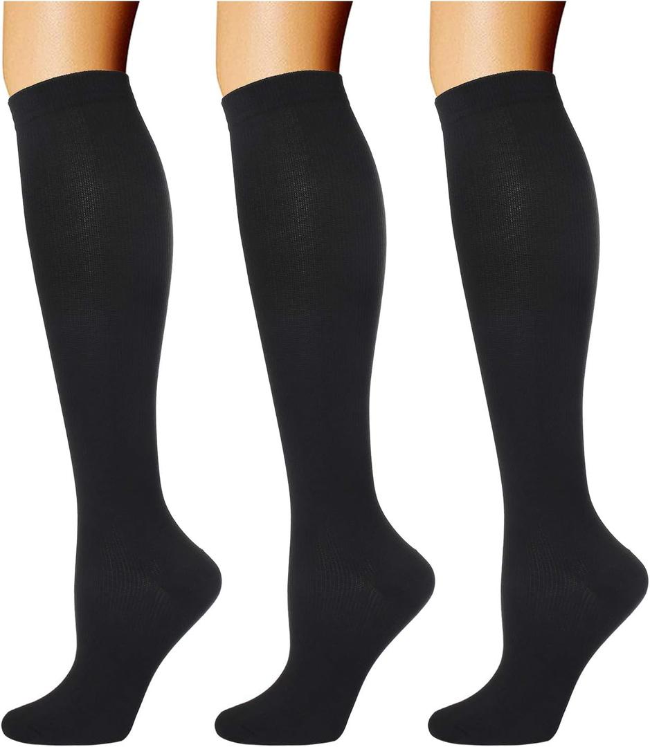 Double Couple 3 Pairs Compression Socks for Women Men 20-30mmhg Knee High Stocking for Sports Running Travel Nurses (Large-X-Large, Black)
