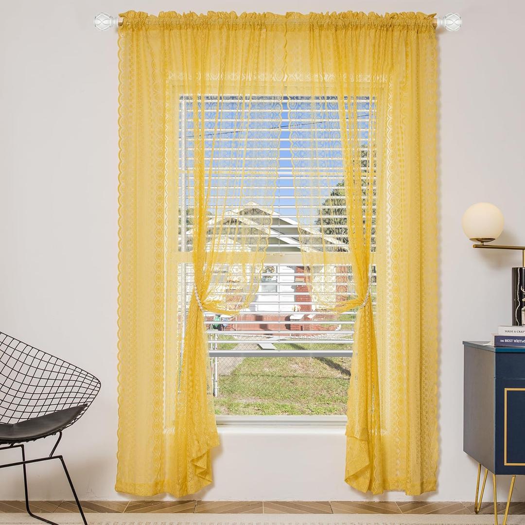 Mustard Yellow Lace Curtains - Scalloped Lace Sheer Panels, Boho & Vintage Decor, Crochet Lace, Elegant Victorian Window Curtains for Living Room, Bedroom, & More, 63 inch Length, Set of 2, Size: 55"W x 63"L