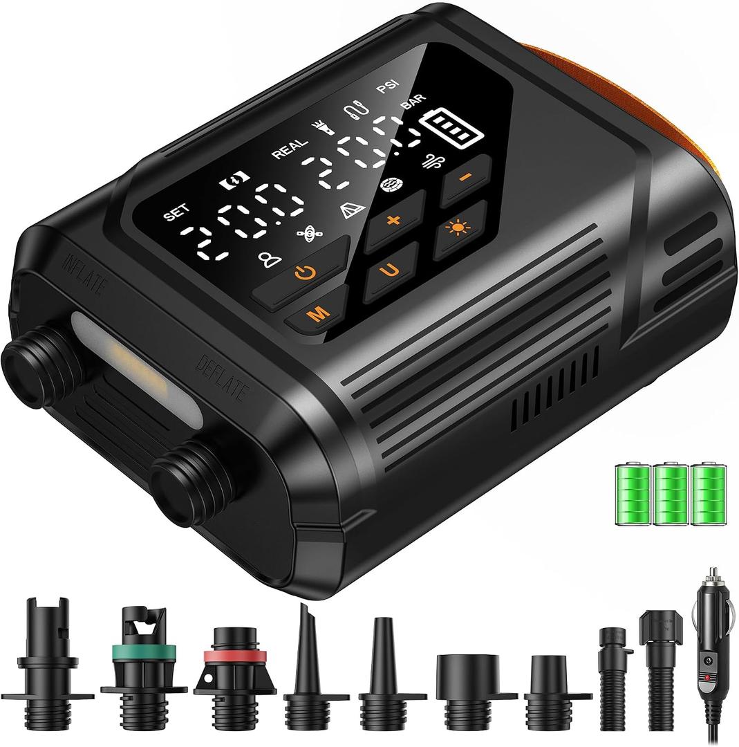 Electric Paddle Board Pump, Rechargeable SUP Pump with 12V Car Power, Auto-Off to 20 PSI, Dual-Stage Portable Air Pump with Deflate, 7 Nozzles for Paddle Boards, Kayaks & Inflatables