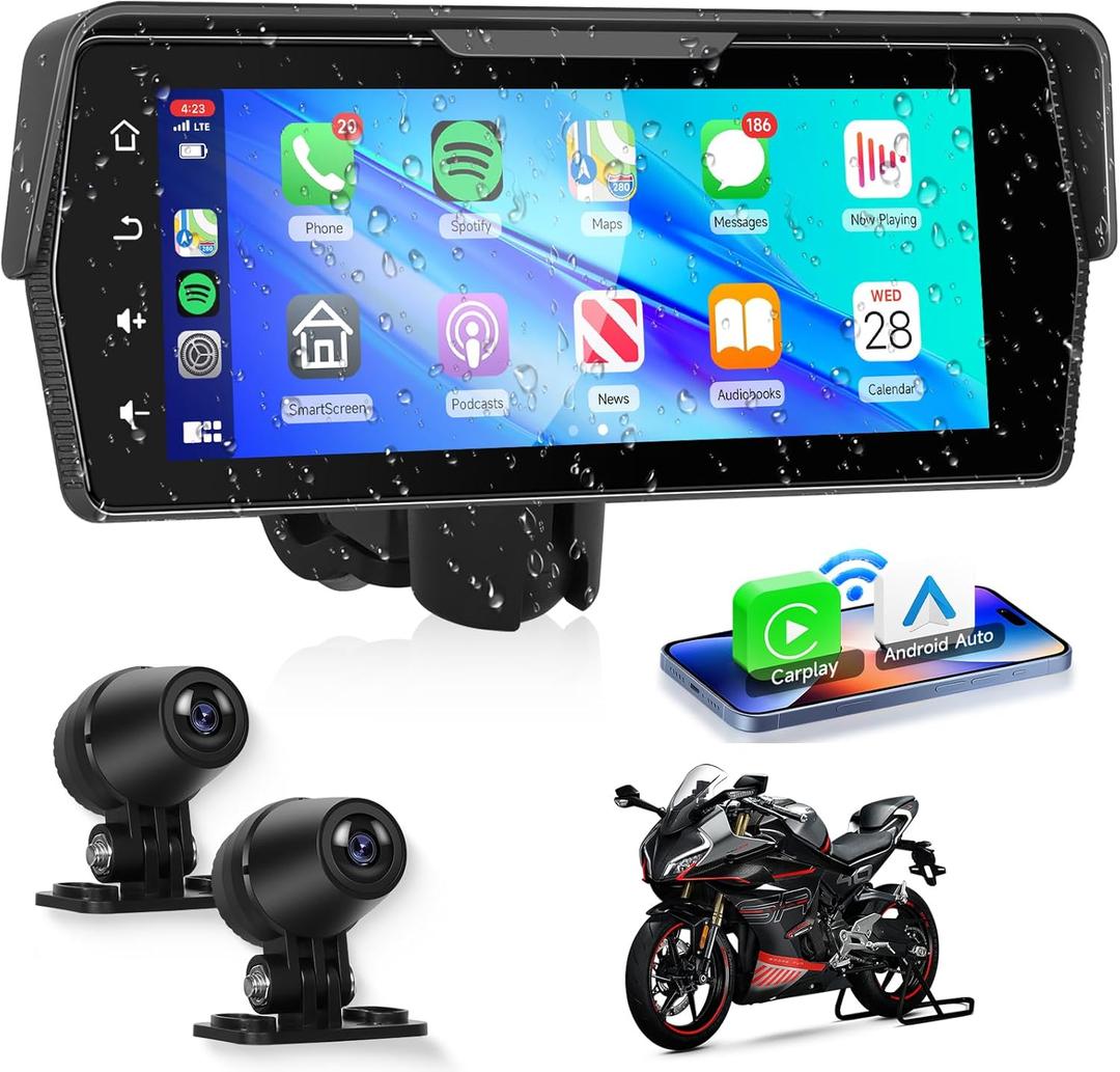 Motorcycle Front+Rear Dash Cam,6.86 inch IPS 1280x480P Touch Screen,1080P Motorcycle Camera DVR,Wireless Carplay&Android Auto,GPS,IP67 Waterproof,120Wide,Bluetooth5.0,TF,PhoneLink for Motorbike