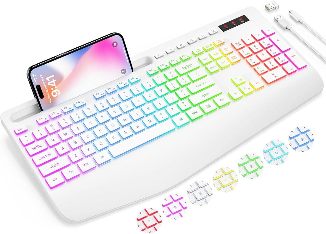 Wireless Keyboard with 9 Effects Backlits, Wrist Rest, Phone Holder, Rechargeable Ergonomic Computer Keyboard with Silent Keys, 2.4G Lag-Free Cordless Set for PC, Laptop, Windows, Mac (Keyboard Only)