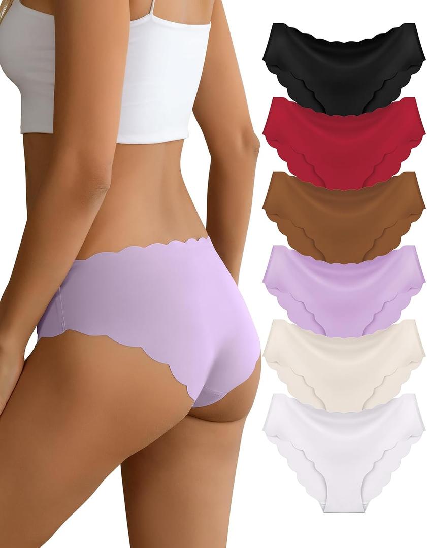 Women's Seamless Underwear No Show invisible Stretch Panties Ladies Low Rise Cheeky Wave Edge Bikini Panties 6 Pack, M 