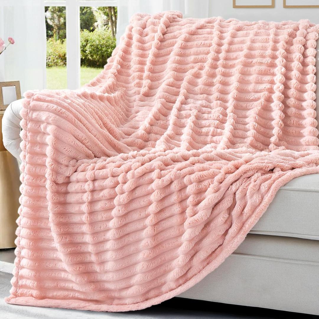DecorUhome Soft Fleece Pink Throw Blanket for Couch, Cozy Fluffy Plush Flannel Striped Blanket for Sofa Bed, Lightweight Decorative Ribbed Fuzzy Blanket for Woman, 50x60 Inches