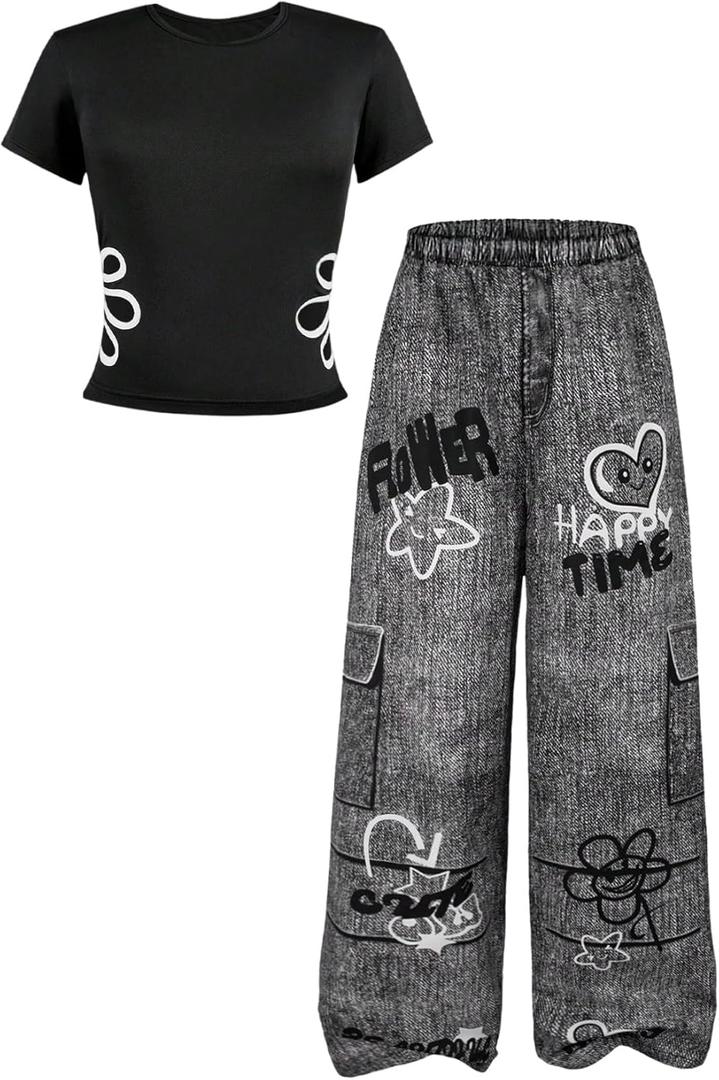 RoseSeek Girl's 2 Piece Summer Outfits Floral Graphic Tees and Wide Leg Pants Set Cute Clothes Streetwear (Black)