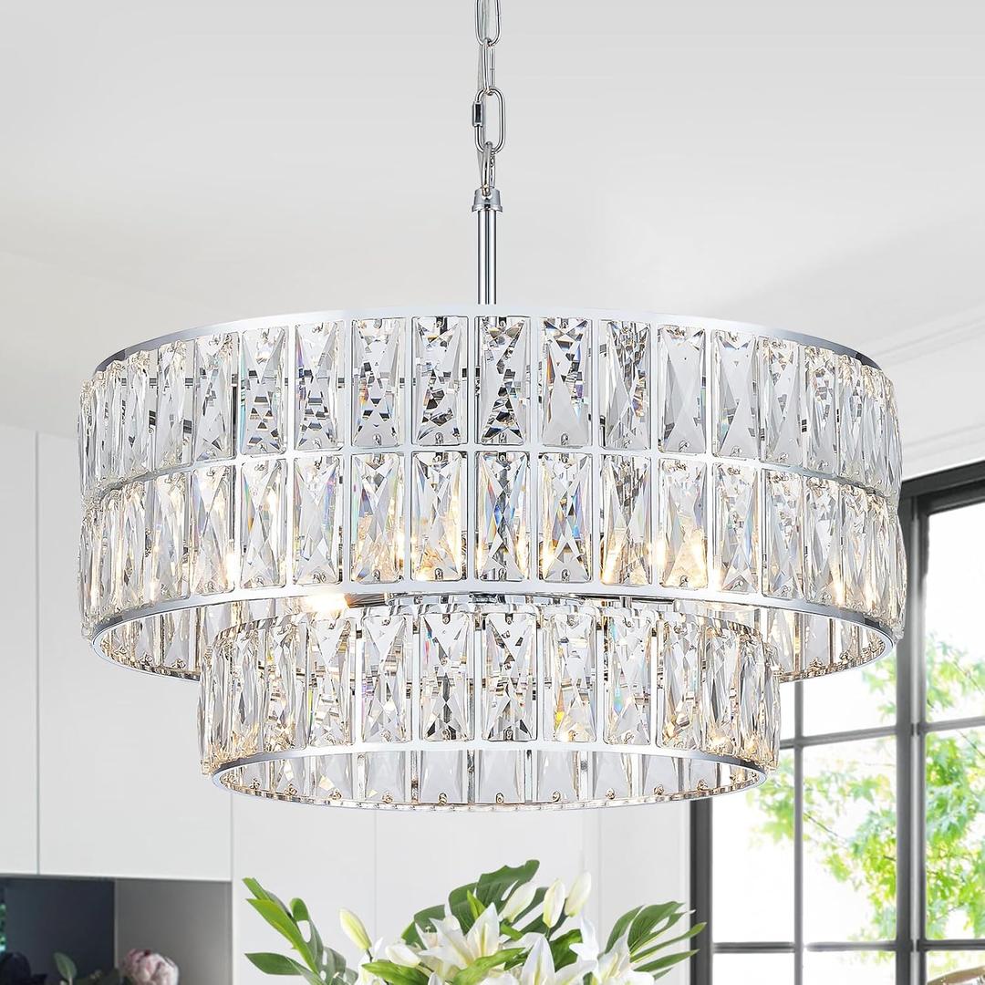 CATINER 20'' Modern Crystal Chandelier Luxury 6-Lights Chrome Semi Flush Mount Ceiling Light Fixtures Round Crystal Pendant Chandelier for Living Room Dining Room Kitchen Foyer Bedroom, Chrome, Medium-20”