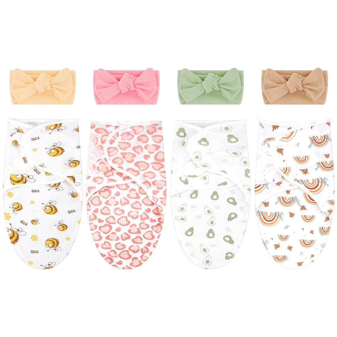 4 Pack Newborn Preemie Swaddle with Headband Set Premature Swaddle Blanket Baby Clothes for Nicu Newborn Boys Girls(0-3 Months,Bow Style)