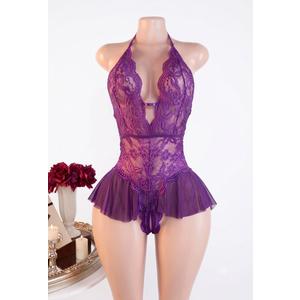 exy Lingerie for Women Hollow Out Floral Lace Bodysuit One Piece Lingerie Deep V Teddy Babydoll Underwear, Purple XL