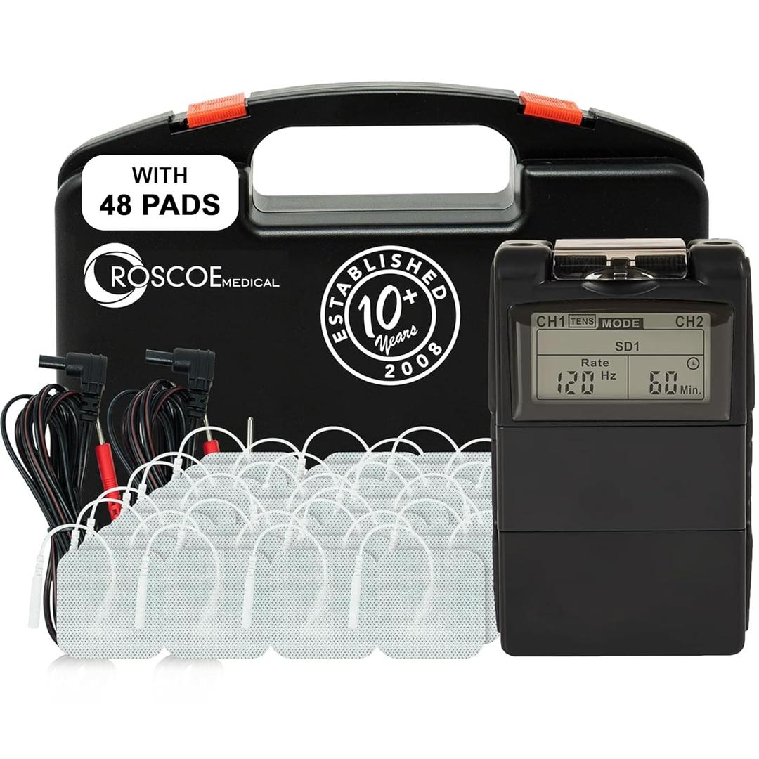 Roscoe Medical EMS and TENS Unit Muscle Stimulator with 48 Pack of Electrodes