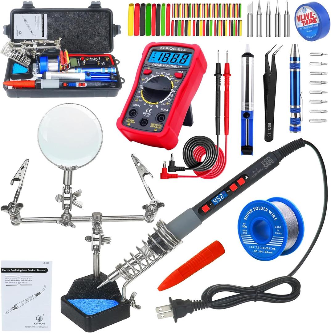 Soldering Iron Kit, 80W Electric Solder iron, Adjustable Temperature (180C- 500C, With Multimeter, Magnifier Welding Helping Hand, Heat shrink tubing, Solder Wire, Desoldering pump.