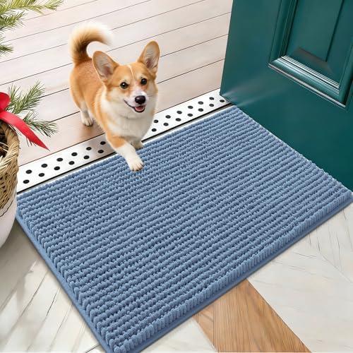 OLANLY Dog Door Mat for Muddy Paws 24x16, Ultra Absorbent Chenille Mud Doormat, Non-Slip Washable and Dirt Trapping Doormat for Indoor Entryway, Quick-Dry Indoor Pet Bed Mats for Dogs, Airy Blue