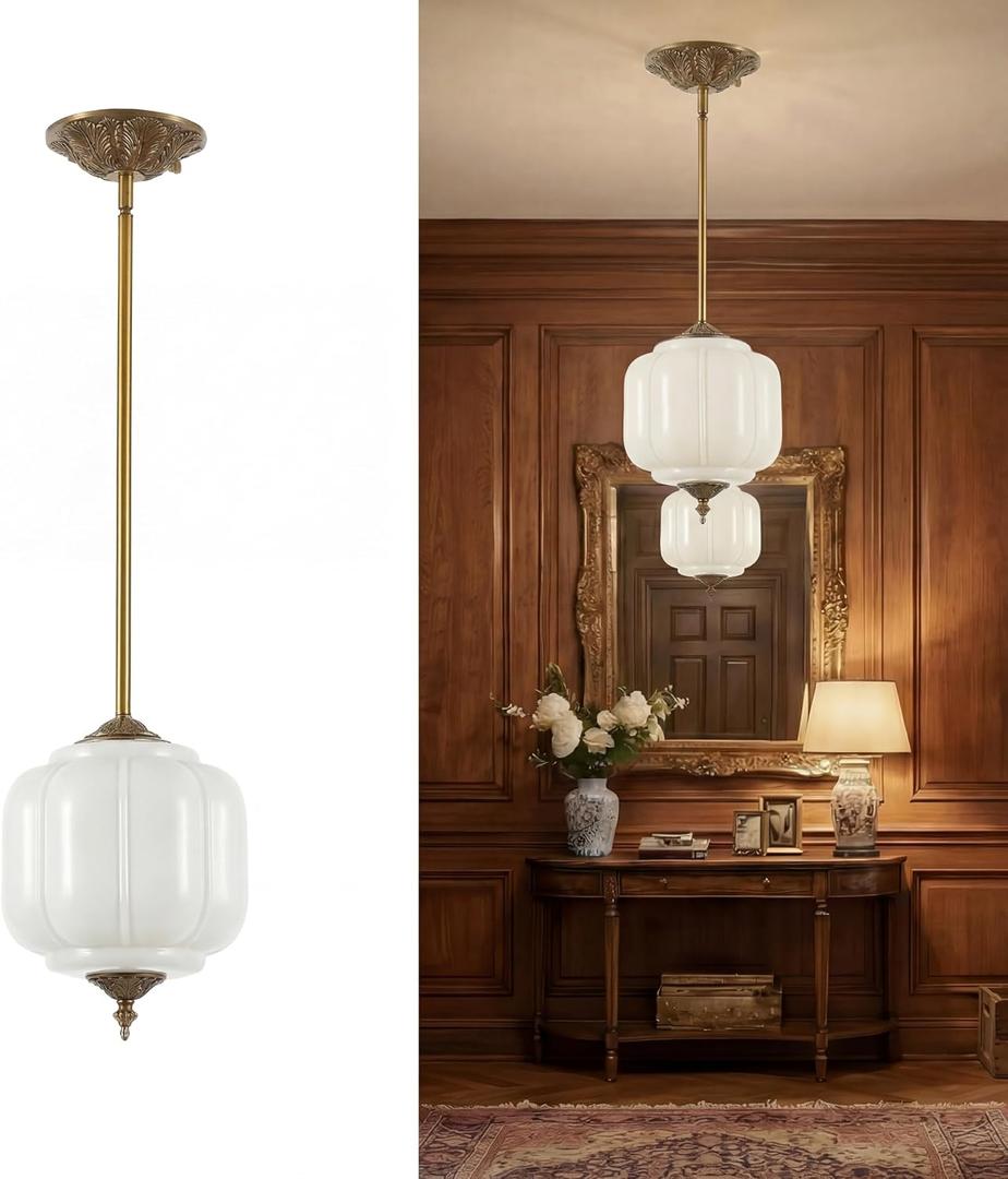 Antique Brass Milk Glass Ceiling Light Fixture-9.1in Vintage Semi Flush Mount Pendant Light with an LED Bulb included, 3 Color Options Mid-Century Art Deco Chandelier for Kicthen Dining Room Hallway