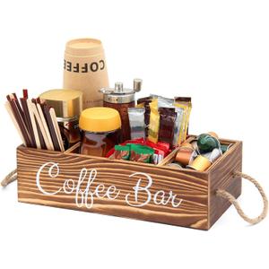 Bokelai Wooden Coffee Bar Organizer Countertop Coffee Station Accessories Storage Basket With Handle Removable Dividers Pods Kcup Holder Farmhouse Decor Caddy for Coffee and Tea Lover
