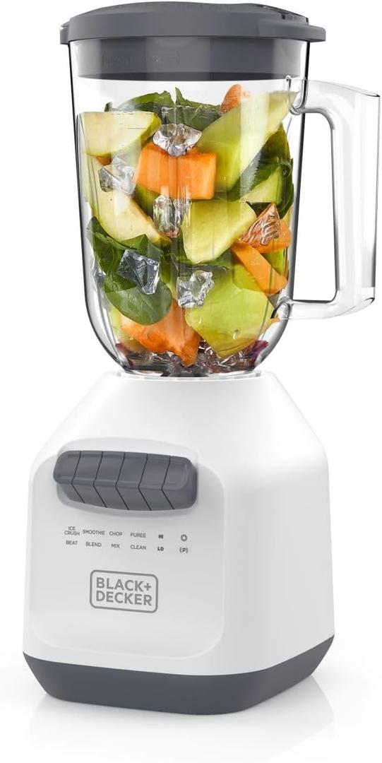 BLACK+DECKER 750W Ice Crushing Blender, 56oz PerfectPour Jar, 6-Tip Stainless Steel Blade, 8 Speeds + Pulse, White (56 oz)