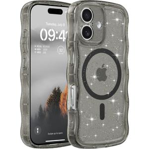 FABSPARK Case for iPhone 16,Compatible with MagSafe,Magnetic Clear Curly Wavy Frame Wave Case with Sparkly Bling Glitter,Transparent Acrylic Hard PC for iPhone 16,Glitter Clear Black
