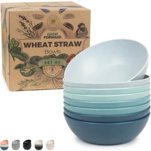 Grow Forward Premium Wheat Straw Bowls - 20oz Microwave Safe Plastic Cereal Bowls Set of 8 for Kitchen, Camping, RV, Dessert, Snack, Soup, Salad, Fruit - Reusable, Unbreakable & BPA Free - Seascape