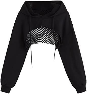 SHENHE Women's Fishnet Long Sleeve Drawstring High Low Workout Hoodie Crop Tops M  Black
