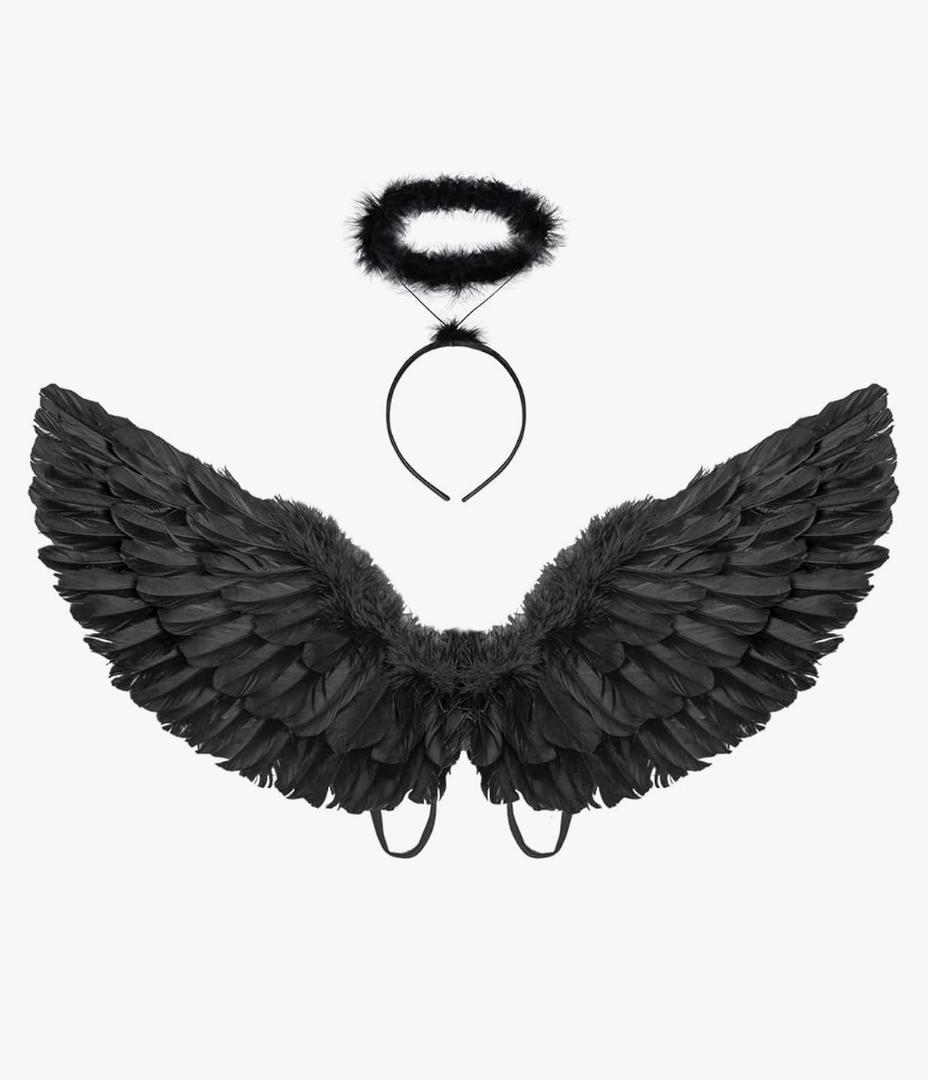Dark Angel Costume Wings and Halo for Kids fallen Angel Adult Feather Wings(Black)