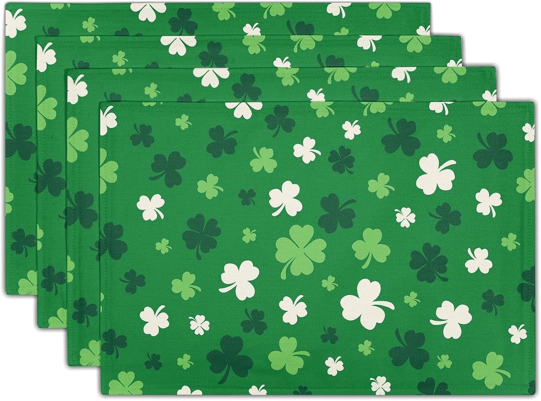 St Patrick's Day Placemats Set of 4 18x12 Inch Green Shamrock Irish Linen Place Mat Heat-Resistant Washable Wipeable Saint Patrick's Day Four Leaf Clover Table Mat for Party Kitchen Dining Home Decor