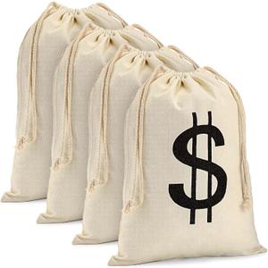 LEIFIDE 4 Pcs Canvas Money Bag Pouch with Drawstring Dollar Sign Carrying Sack Costume Props Canvas Coin Bag for Halloween Cosplay(11.4 x 15.3 Inch)