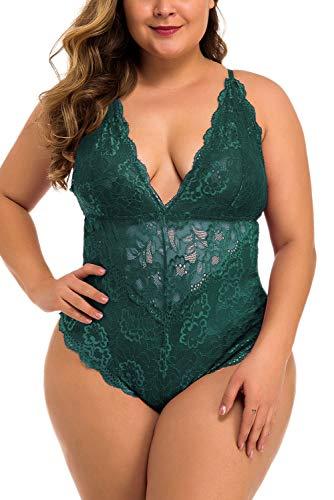 Aranmei Sexy Plus Size Lingerie for Women Snap Crotch Lace Bodysuit Teddy Babydoll Deep V One Piece, Size 2XL