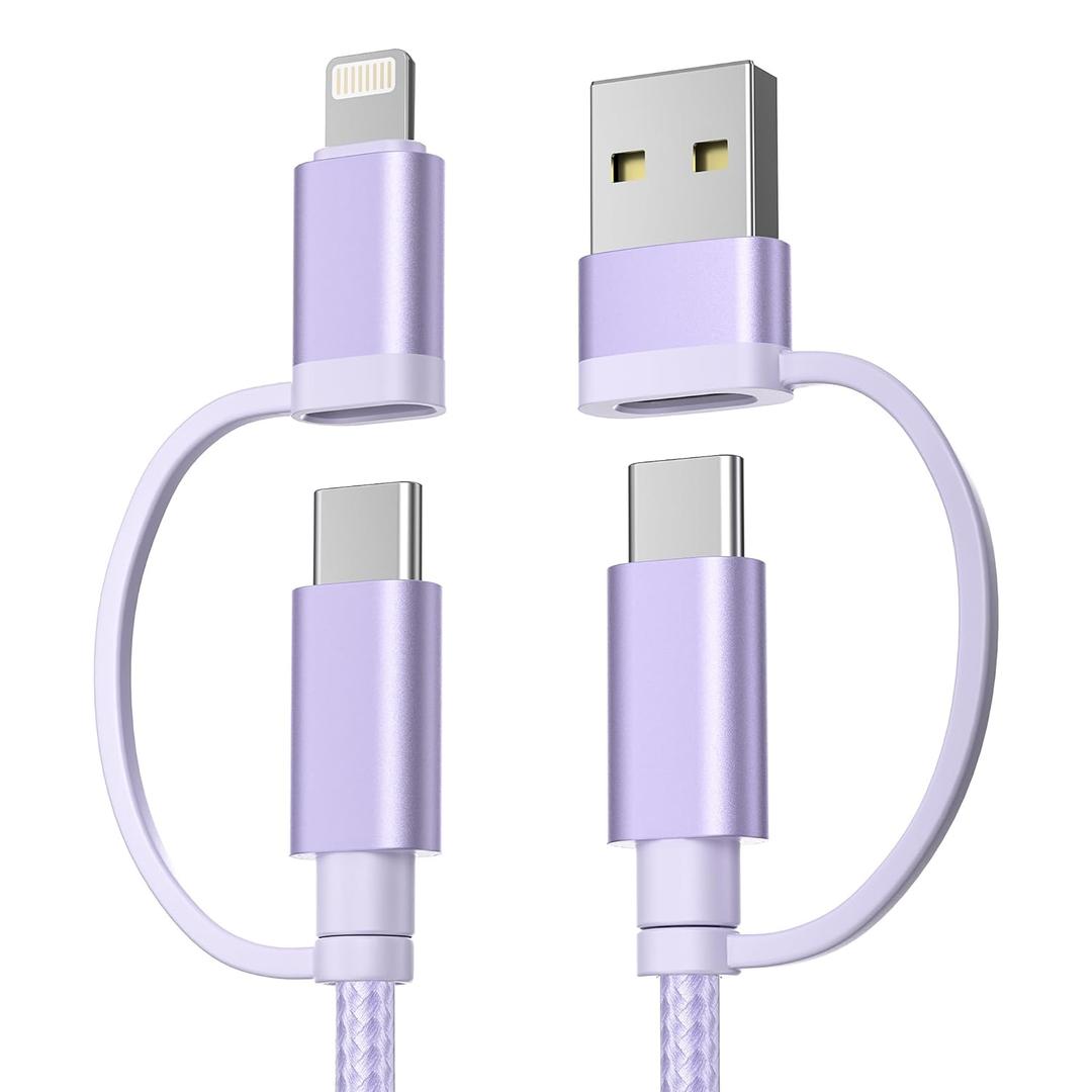 Basesailor for Samsung Galaxy S25 Cable,4-in-1 USB C Charger Cable 6.6FT for S24 S23 S22 Plus Ultra,60W Fast Multi Charging Cord with USB A/Lightning Adapter for iPhone 17 16 15 14,iPad Air 4 5,A42, Purple