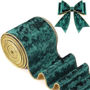 Riceshoot Christmas 2.5 Inch Velvet Ribbon 10 Yards Dark Green Wide Wired Velvet Ribbon with Gold Edge for Wrapping Bow Gift Box DIY