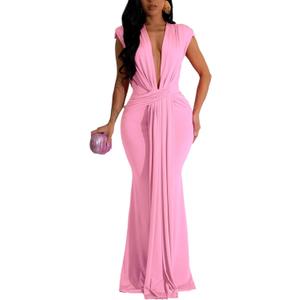 Ekaliy Elegant Bodycon Dresses for Women Deep V Neck Maxi Dress Mermaid Long Dress (XX-Large, Pink)