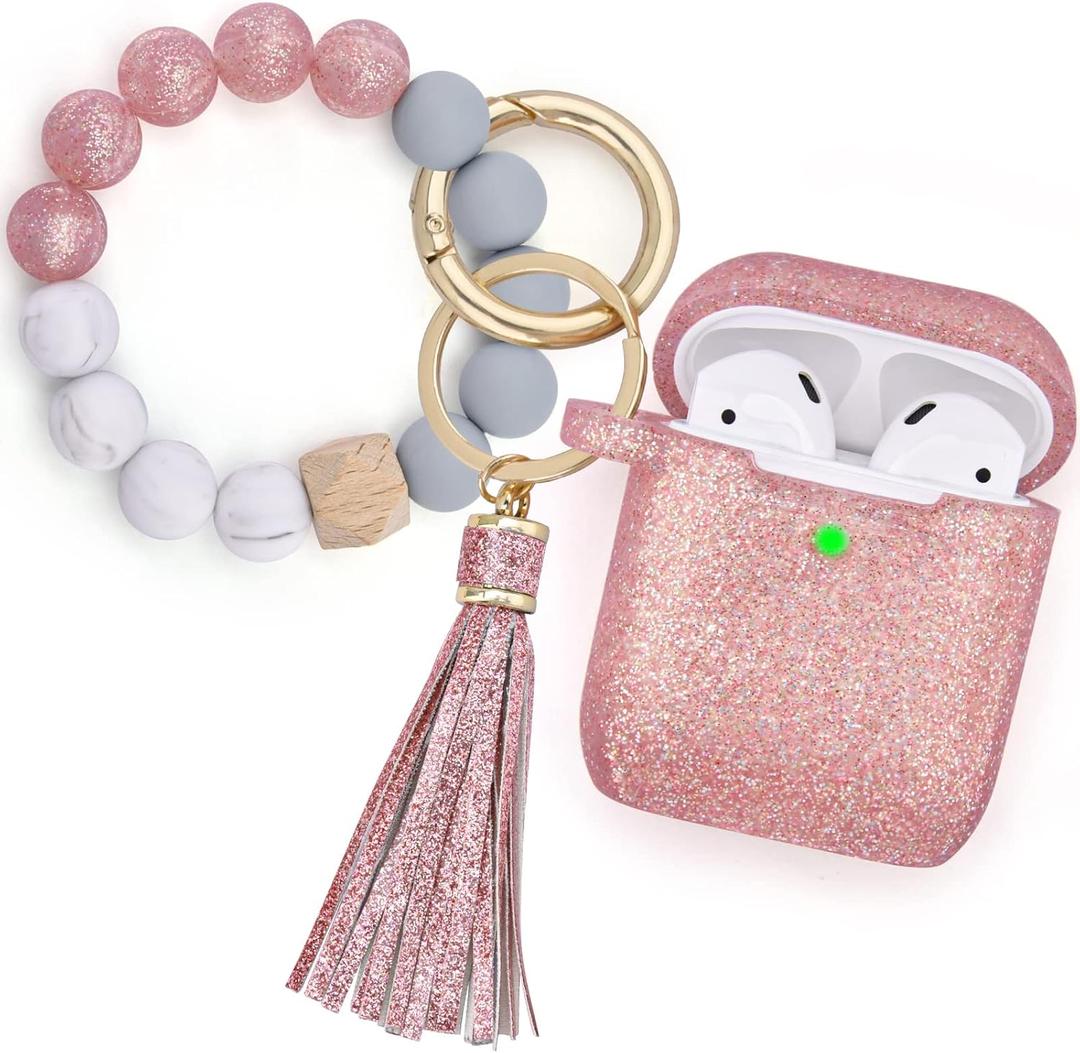 Filoto Compatible with The Apple2/1 Cove case for AirPods, and Cute Soft Silicone Case Protective Skin Cover with Bracelet Keychain (Rose Gold)