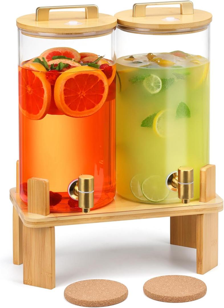 1.5 Gallon 2 PACK Glass Drink dispenser, Beverage Dispenser With Wood Stand, Lemonade Dispenser with Airtight Valve and Stainless Steel Spigot,Drink Dispenser for Parties
