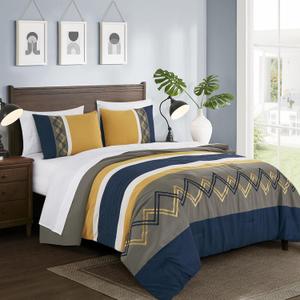 Chezmoi Collection Jaxson Bed in a Bag Queen Size 7-Piece Comforter Set with Sheets Modern Pleated Stripe Embroidered Navy/Gray/Yellow/White Zigzag Lightweight All Season Bedding
