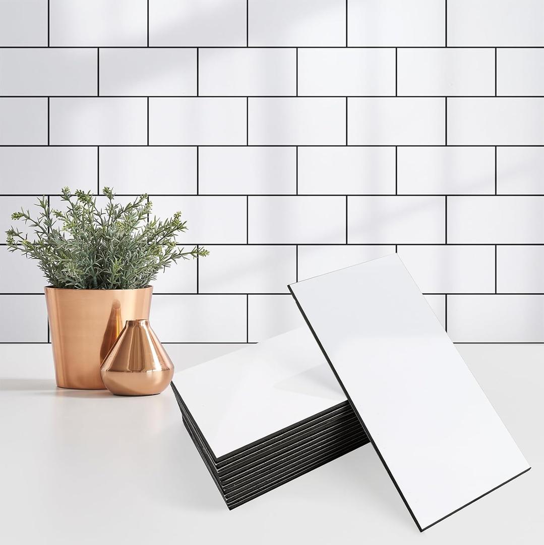 100 Pieces Peel and Stick Backsplash for Kitchen, 3" x 6" PVC Subway Tile 2025 Upgraded Glossy White with Dark Gray Grout Backsplash Stick on Tile Elevate Kitchen, Bathroom, Fireplace,RV (Glossy White)