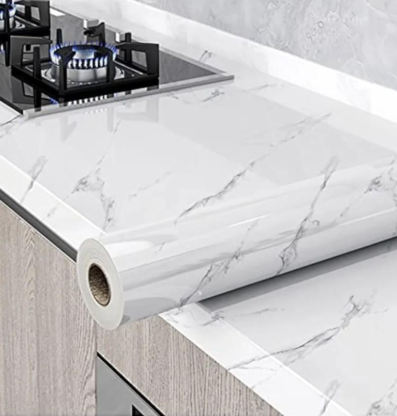 Glossy Marble Paper Granite Gray/White Wallpaper Peel and Stick Wallpaper Self Adhesive Removable Wallpapers 23.6″ ×197″ Waterproof Countertop Paper for Cabinet Countertop Furniture Kitchen Viny Film