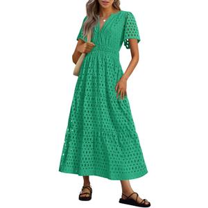 PRETTYGARDEN Womens 2025 Summer Maxi Dress Short Sleeve V Neck Hollow Out Eyelet A Line Long Flowy Beach Vacation Dresses (Green), Large 
