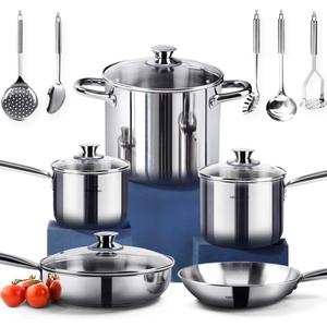 HOMICHEF 14-Piece Nickel Free Stainless Steel Cookware Set - Nickel Free Pots and Pans Set - Non-Toxic, Healthy Induction Cookware, 14 PCS - 4MM Thick 3-PLY Base