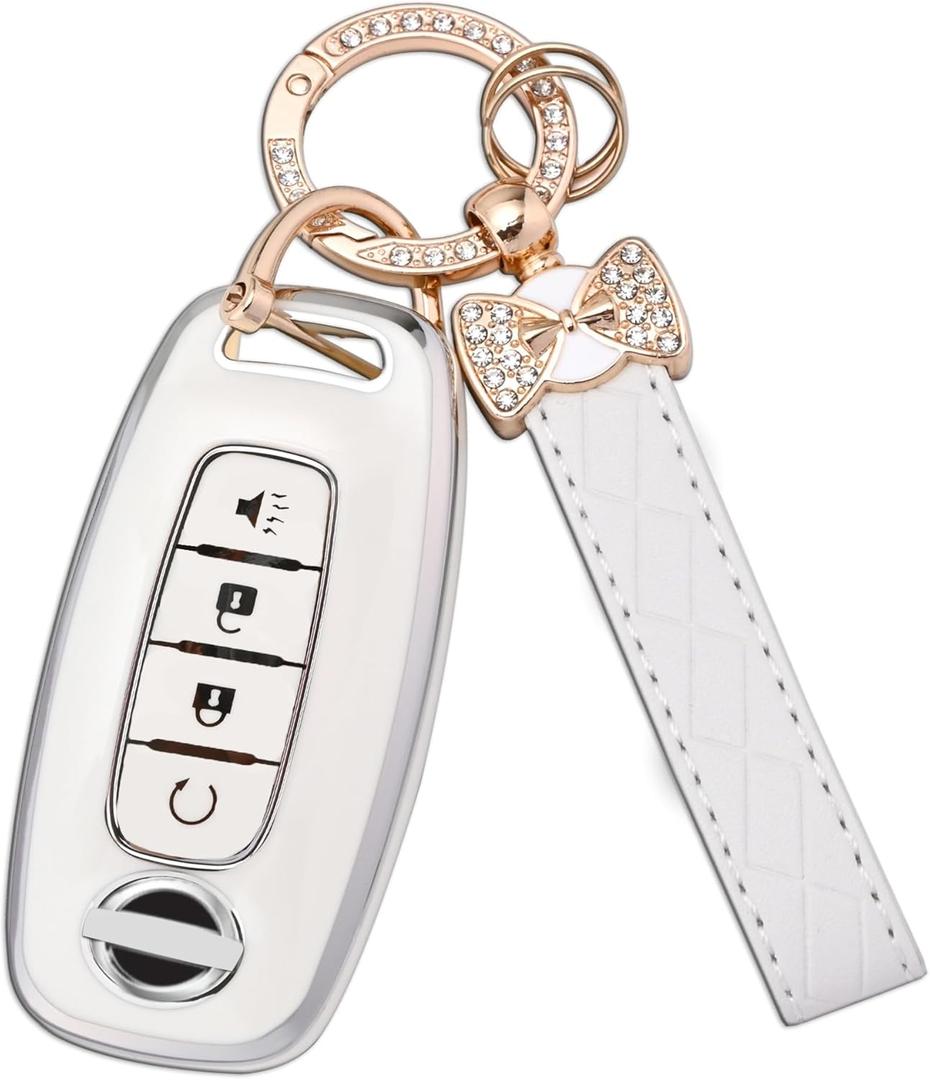 Key Fob Cover for Nissan - 4 Buttons Soft TPU Key Fob Case for 2023 2024 Pathfinder Rogue Versa kicks 2025 Sentra Patrol Armada Full Protection Car Key Cover with Bling Keychain (White)