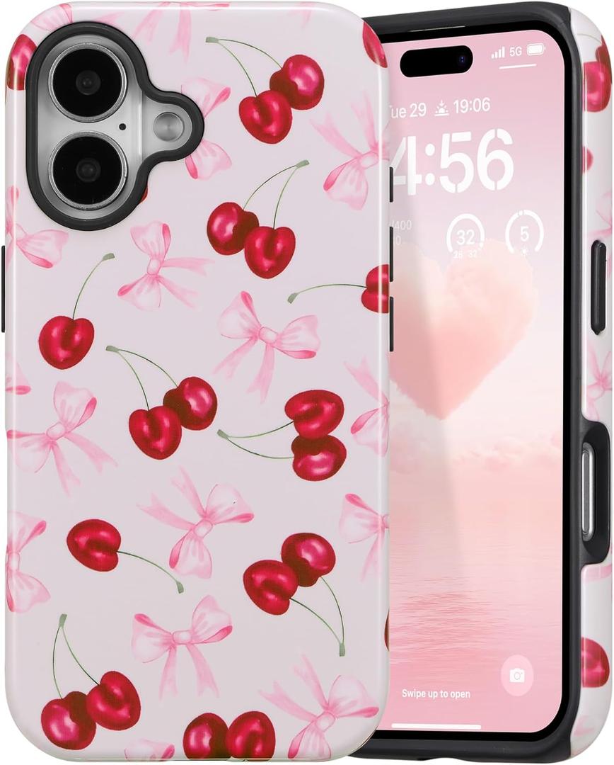 DEFBSC Case for iPhone 16, Cute Pink Bow Cherry Print Aesthetic Trendy Pattern for Women Girls Slim Durable Bumper Shockproof for iPhone 16 Case, Pink Ribbon/Glossy
