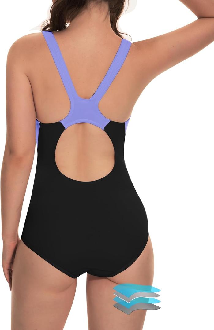 Beautikini Period Swimwear One Piece Leakproof Athletic Racerback Swimsuit Menstrual Sporty Bathing Suit for Teen Girls Women (X-Small, Purple Black)