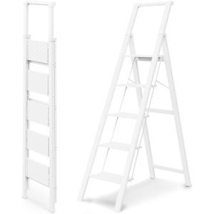 WOA WOA 5 Step Ladder, Ladders for Home, Anti-Slip Pedals, Step Stool Foldable, Lightweight to Move, Ease of Storage, Reach 10ft for Closet Kitchen Library, Hold 300lbs - White